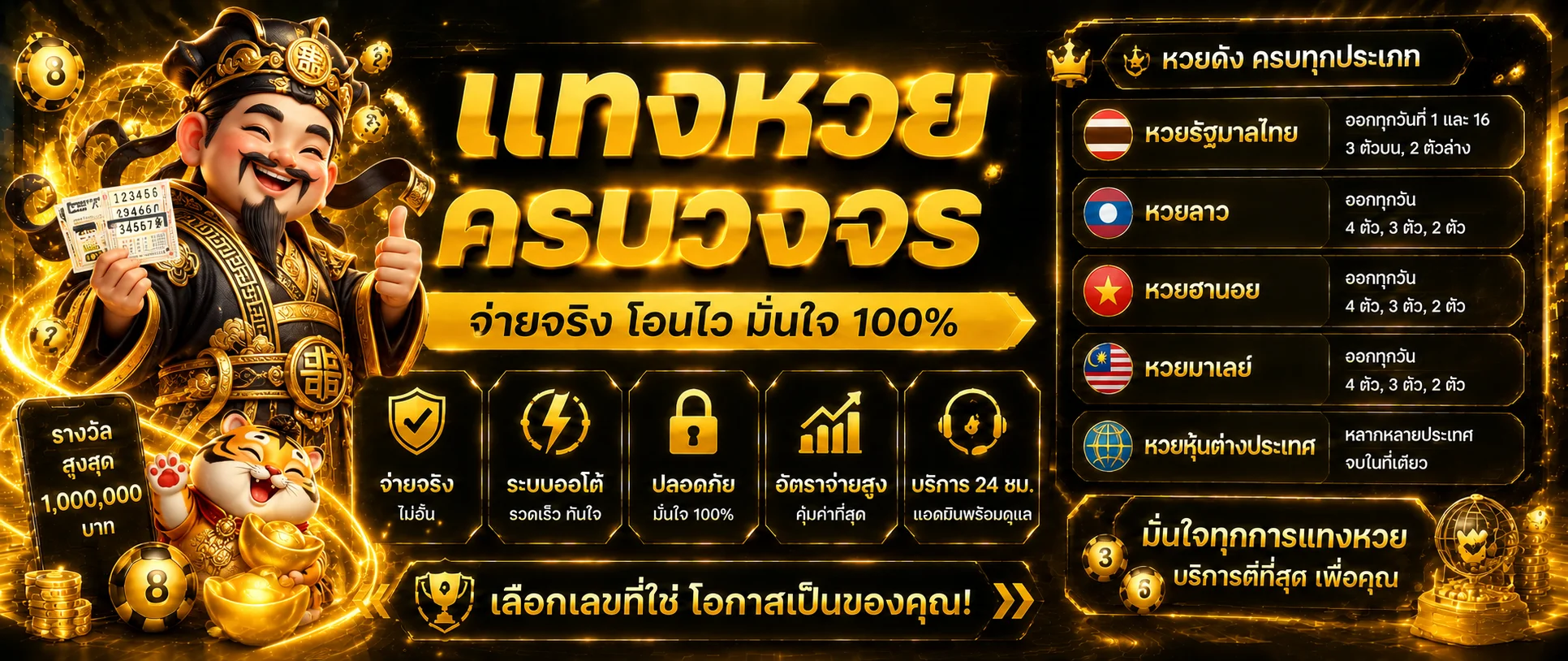 HISO8 หวย แบนเนอร์ผลหวยหลายประเทศโทนดำทอง